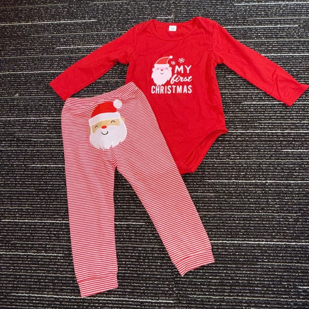 My First Christmas Outfit Kids 18-24M Santa Bodysuit Striped Pants Set